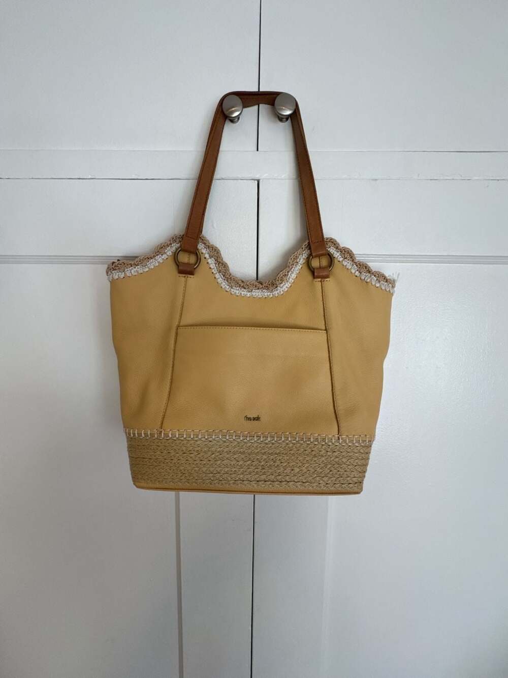 The Sak Butter Espadrille Mid-Size Scalloped Straw Crochet Leather Tote | Butter